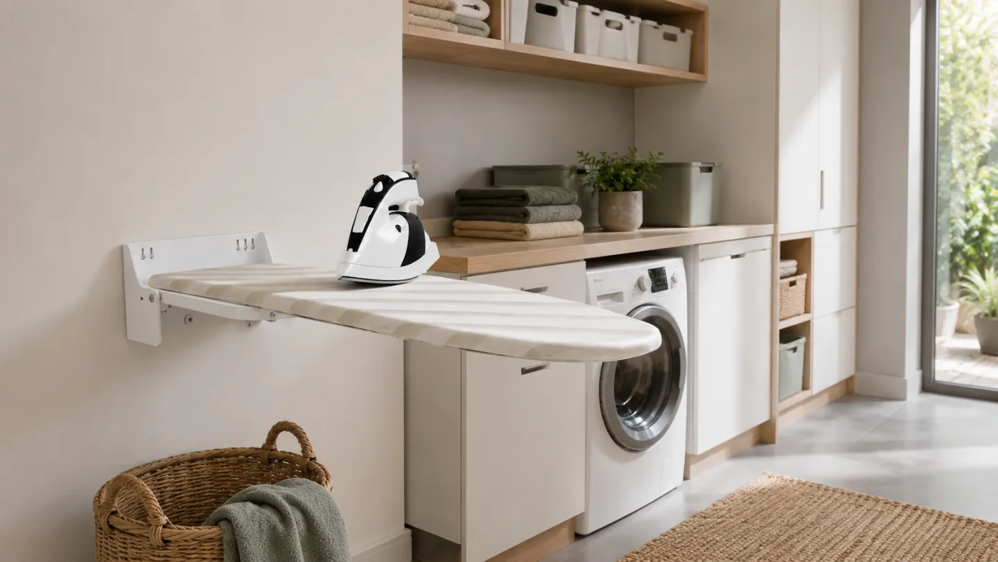 Tabla de planchar de pared VENACE instalada en una lavandería
