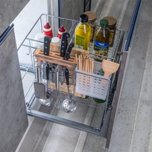 Base Cabinet Pull Out Basket with Knife Holder and Utensil Bin