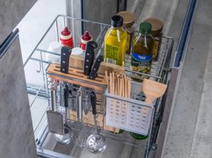 base cabinet pull out basket with knife holder and utensil bin