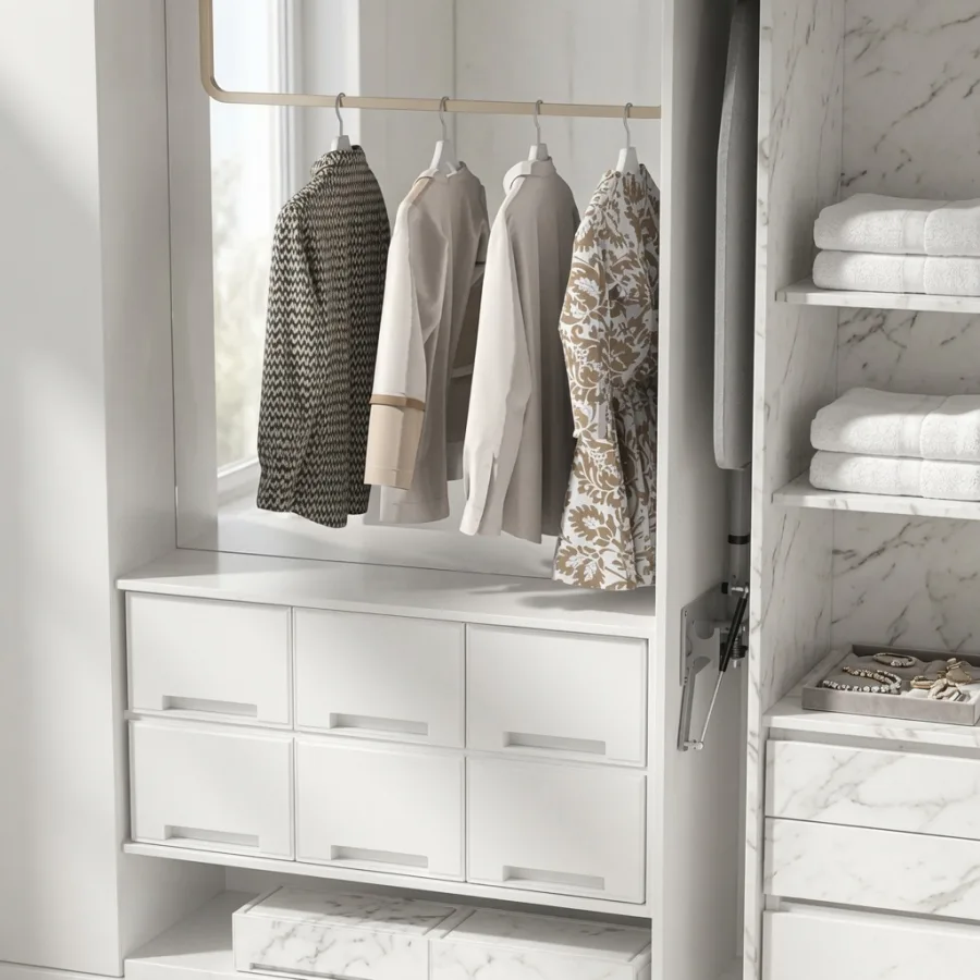 Built-in ironing board stored vertically inside a white wardrobe