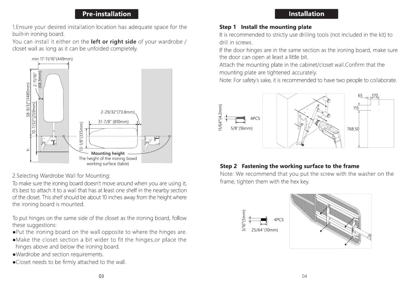 Built-in ironing board cabinet planning and installation diagram