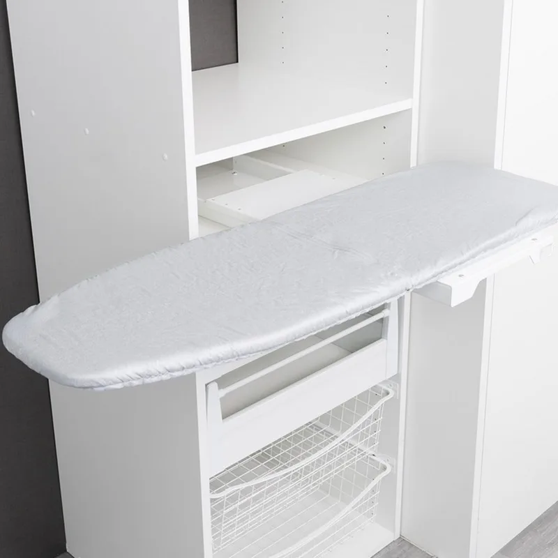 Folding pull out ironing board extended from cabinet
