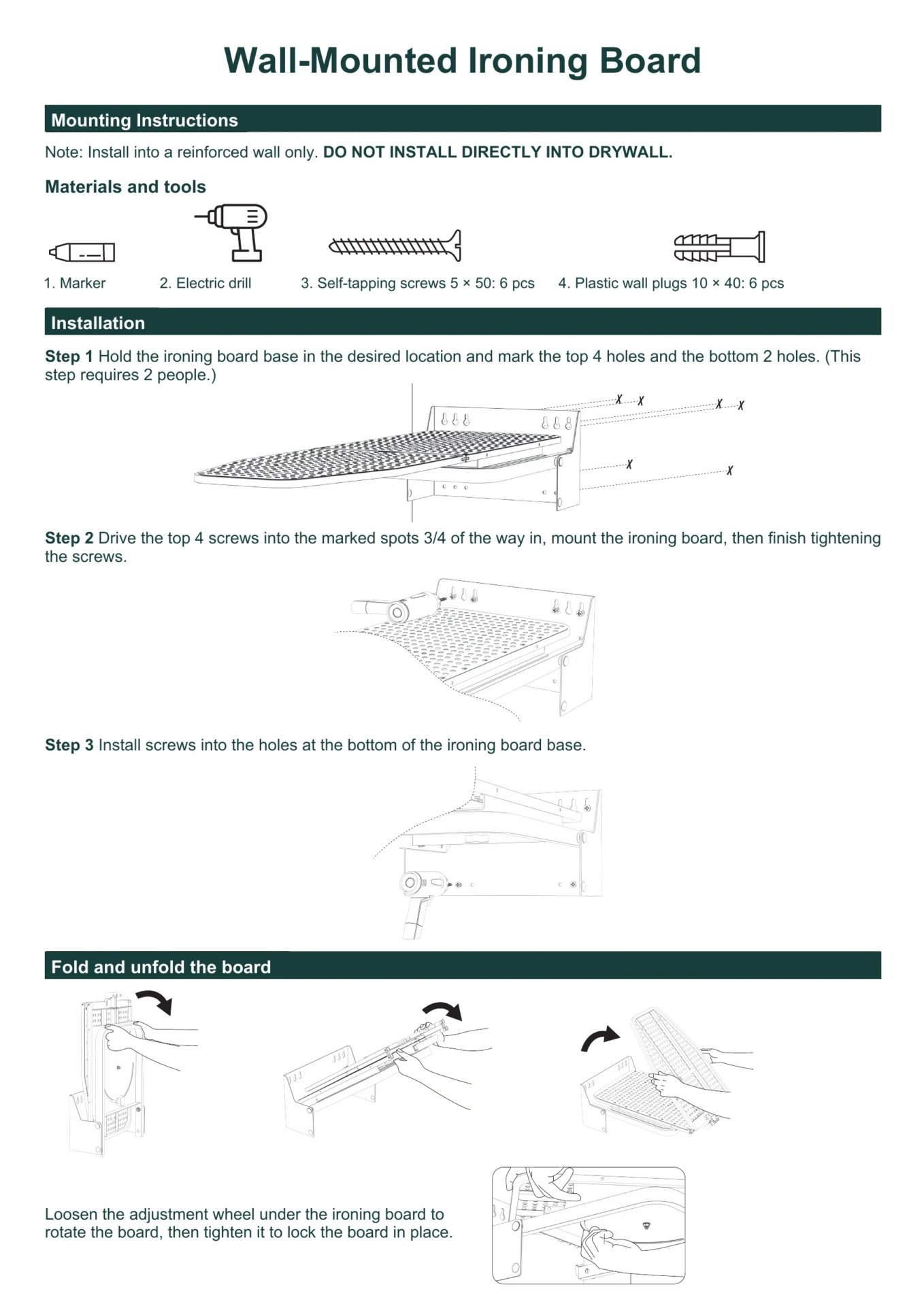Mounting, folding and rotation instructions for the 180° wall-mounted ironing board.