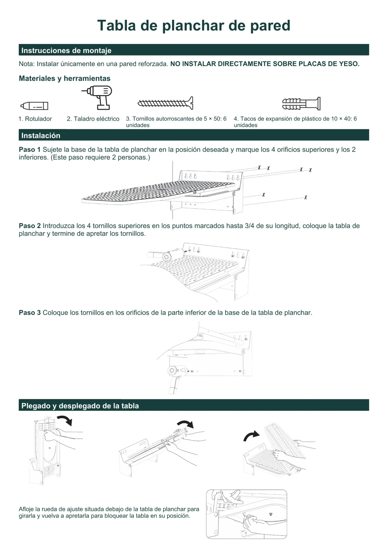 Instrucciones de montaje, plegado y giro para la tabla de planchar de pared de 180°.