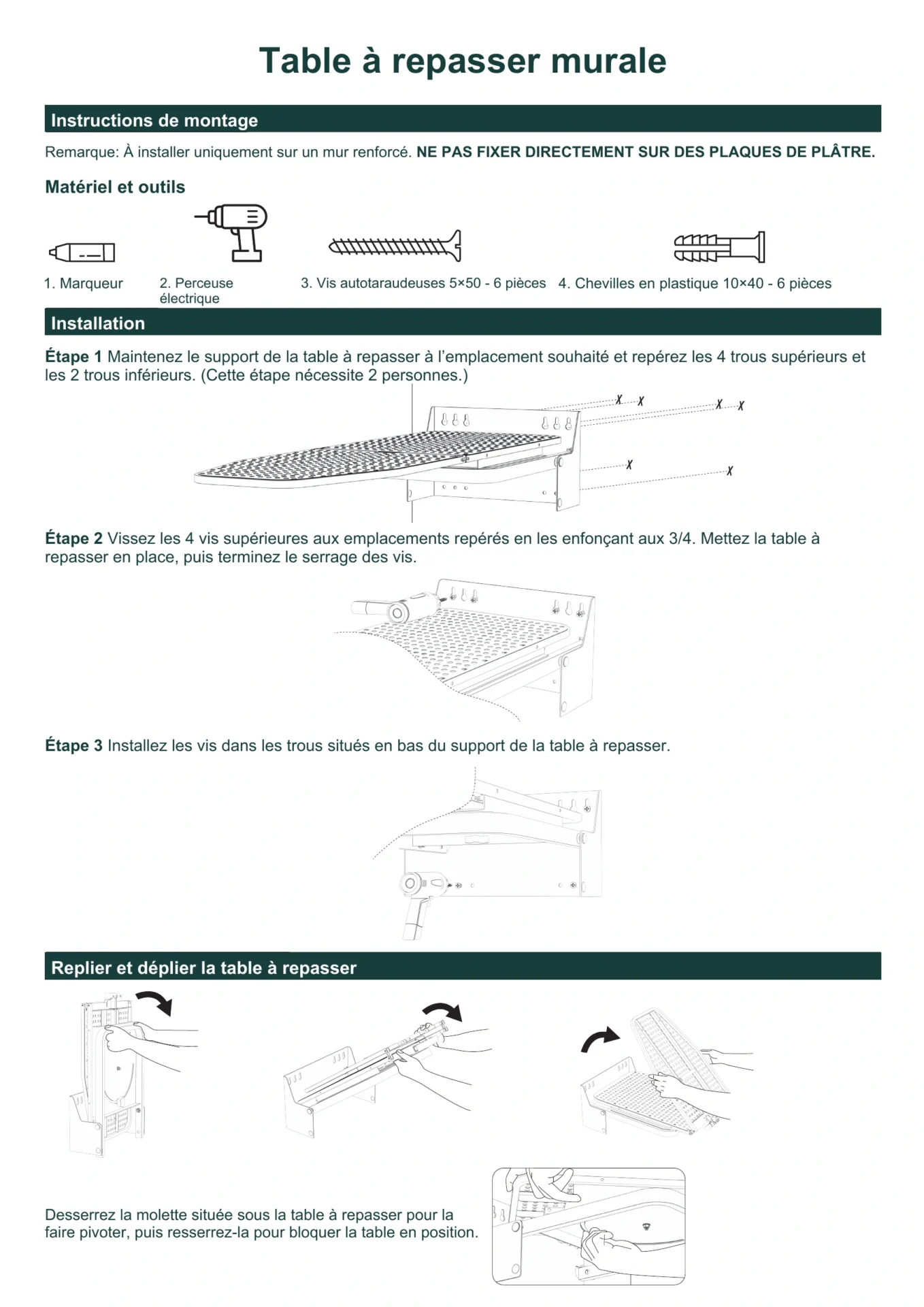 Instructions de fixation, de pliage et de rotation de la table à repasser murale pivotante à 180°.