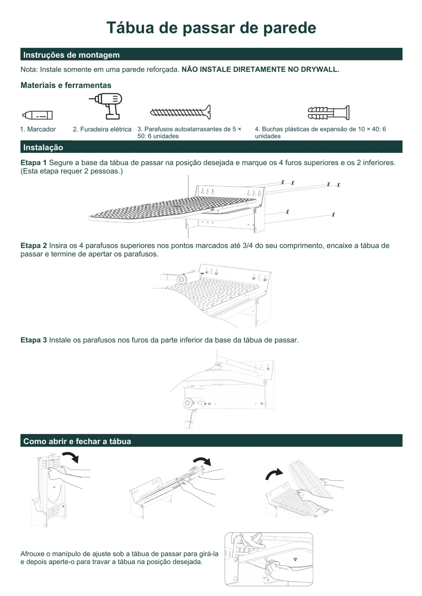 Instruções de montagem, abertura, fechamento e rotação da tábua de passar de parede com giro de 180°.