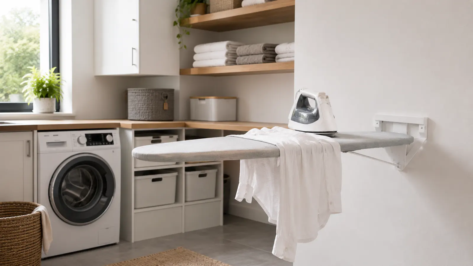 Wall mounted fold down ironing board installed beside laundry appliances