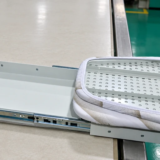 Pull-out slide rails beside a folded ironing board assembly on a workbench